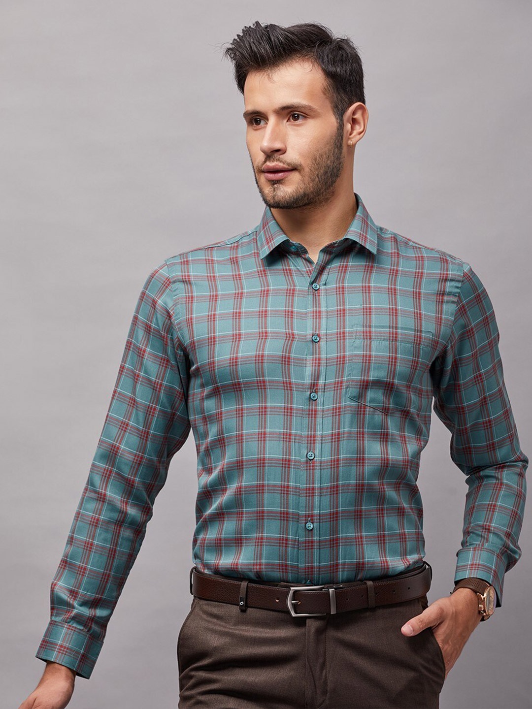 

Oxemberg Men Checked Slim Fit Formal Shirt, Turquoise blue