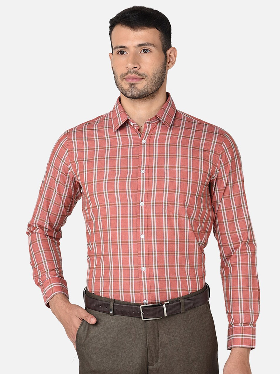 

Oxemberg Men Checked Slim Fit Formal Shirt, Coral