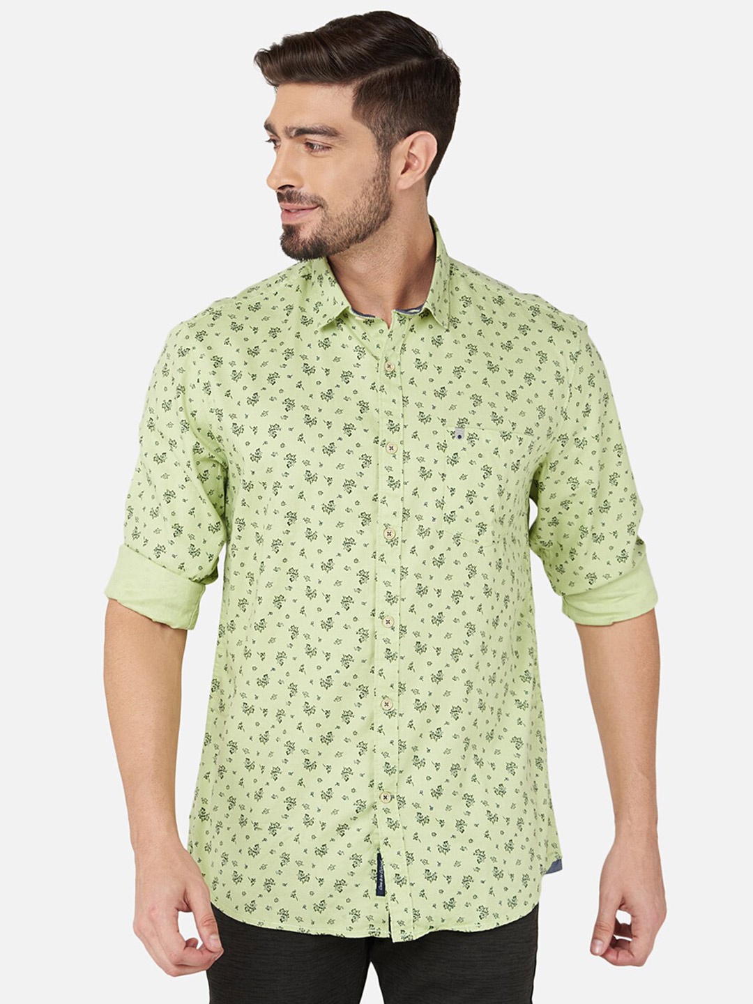 

Oxemberg Men Floral Printed Cotton Slim Fit Casual Shirt, Green