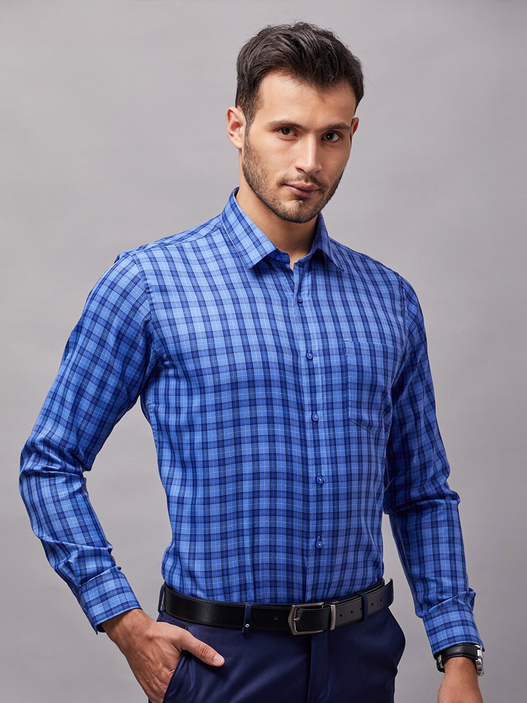 

Oxemberg Men Checked Slim Fit Formal Shirt, Blue