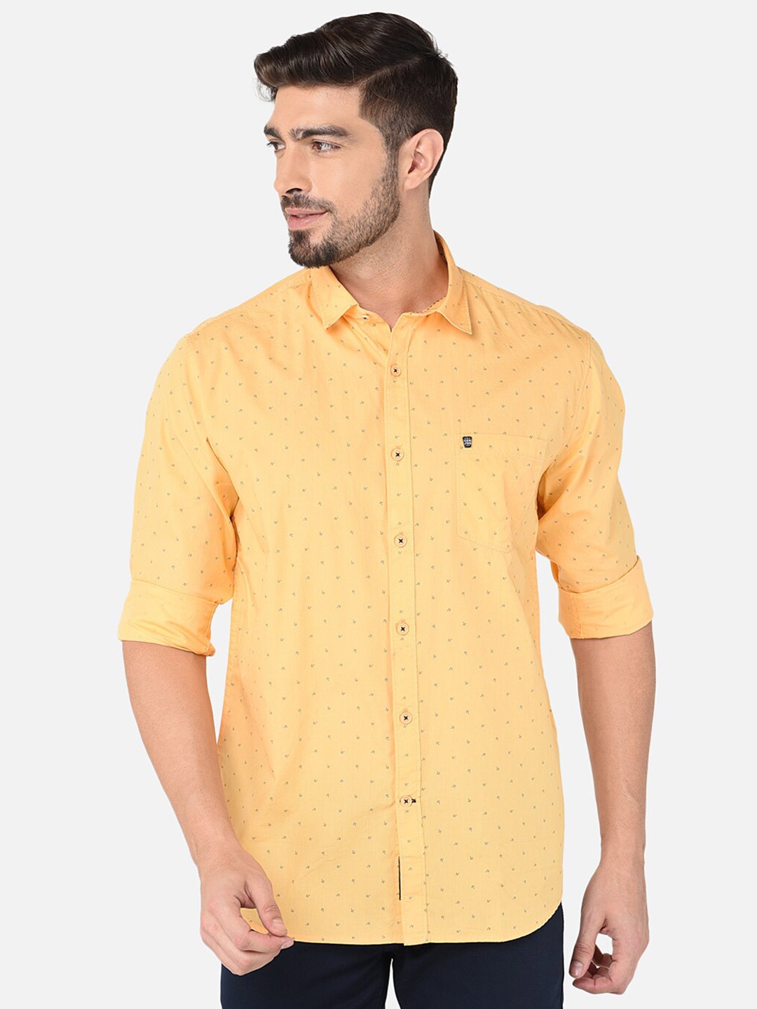 

Oxemberg Men Printed Cotton Slim Fit Casual Shirt, Yellow