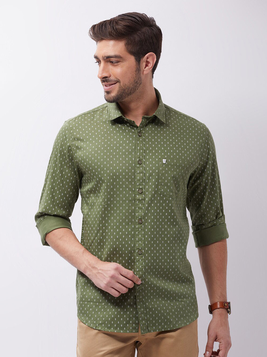 

Oxemberg Men Printed Cotton Slim Fit Casual Shirt, Olive