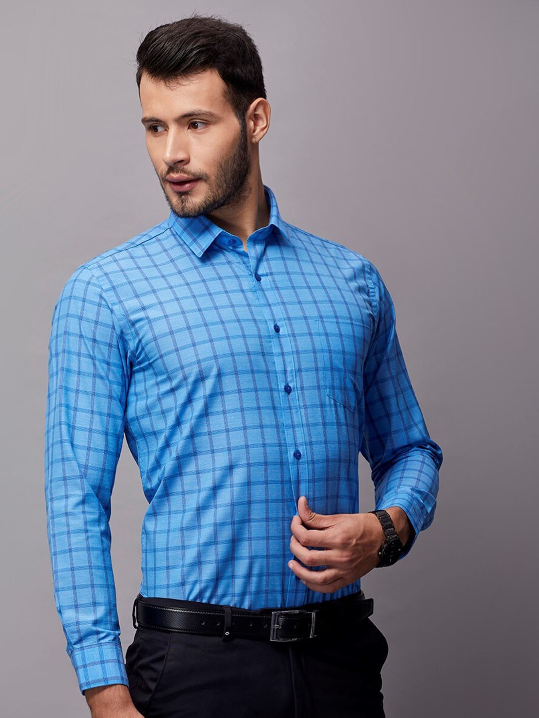 

Oxemberg Men Checked Slim Fit Formal Shirt, Blue