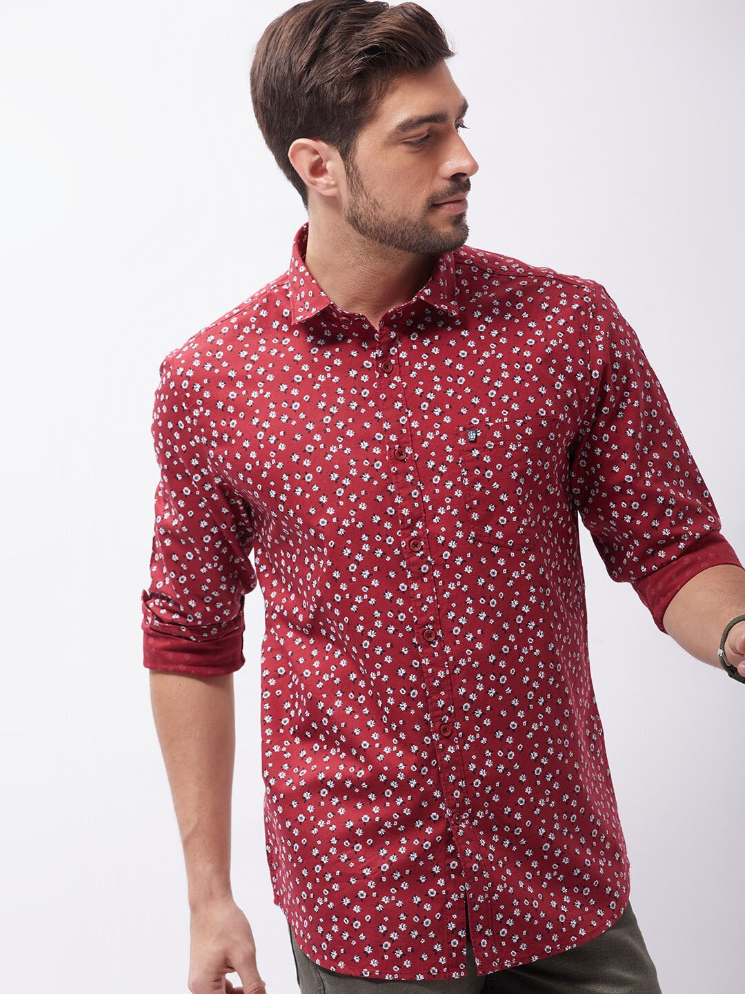 

Oxemberg Men Classic Slim Fit Floral Printed Cotton Casual Shirt, Maroon
