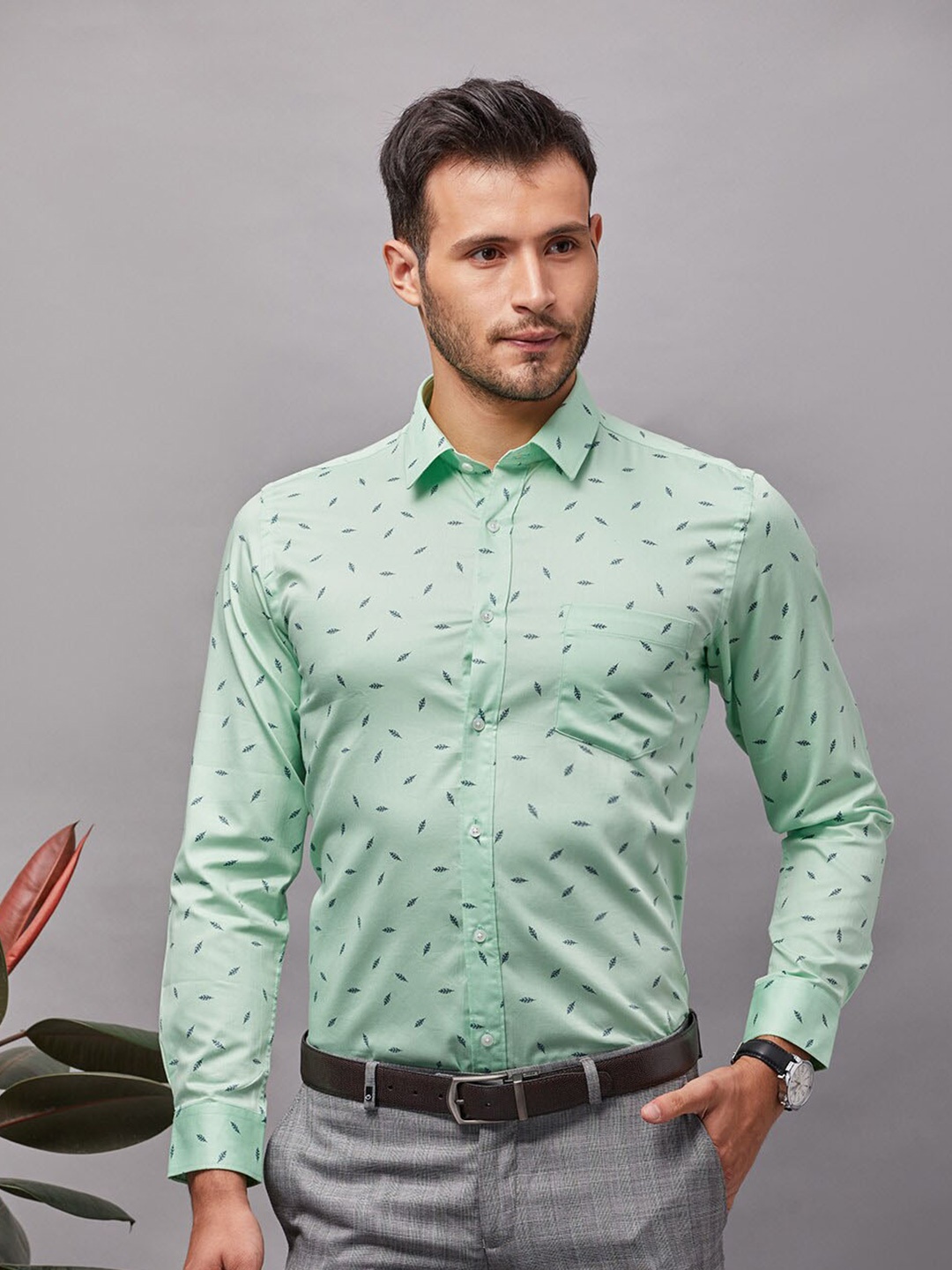 

Oxemberg Men Classic Slim Fit Printed Cotton Formal Shirt, Green