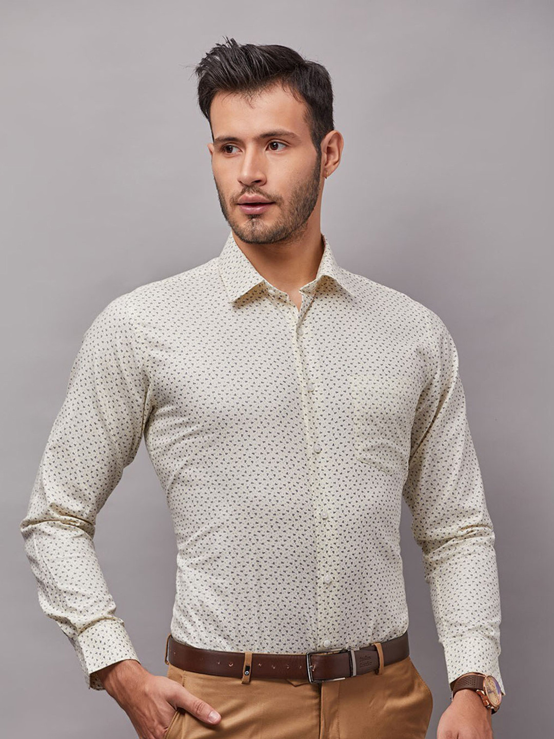 

Oxemberg Men Classic Slim Fit Printed Cotton Formal Shirt, Cream