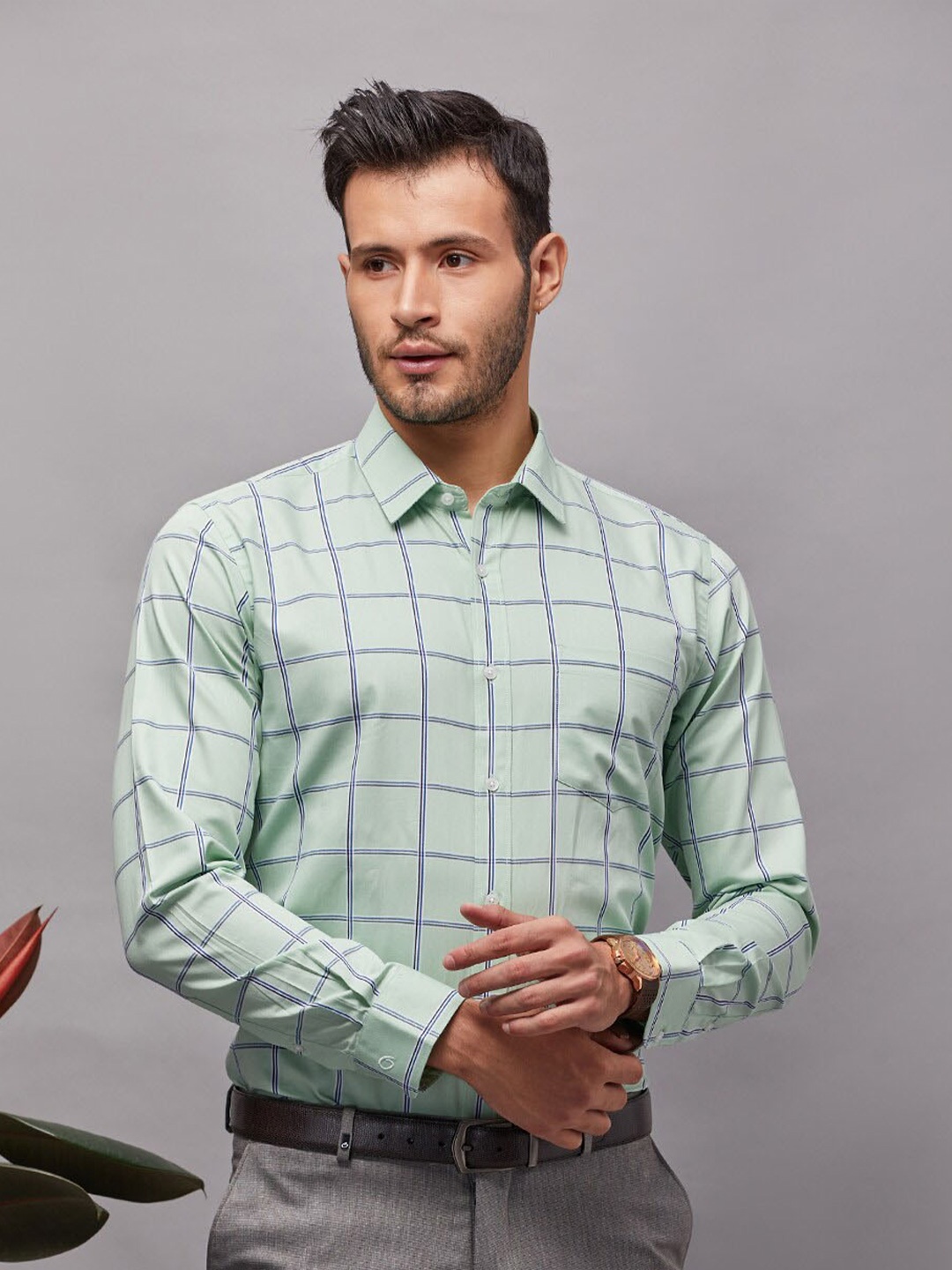 

Oxemberg Men Classic Slim Fit Windowpane Checks Checked Cotton Formal Shirt, Green