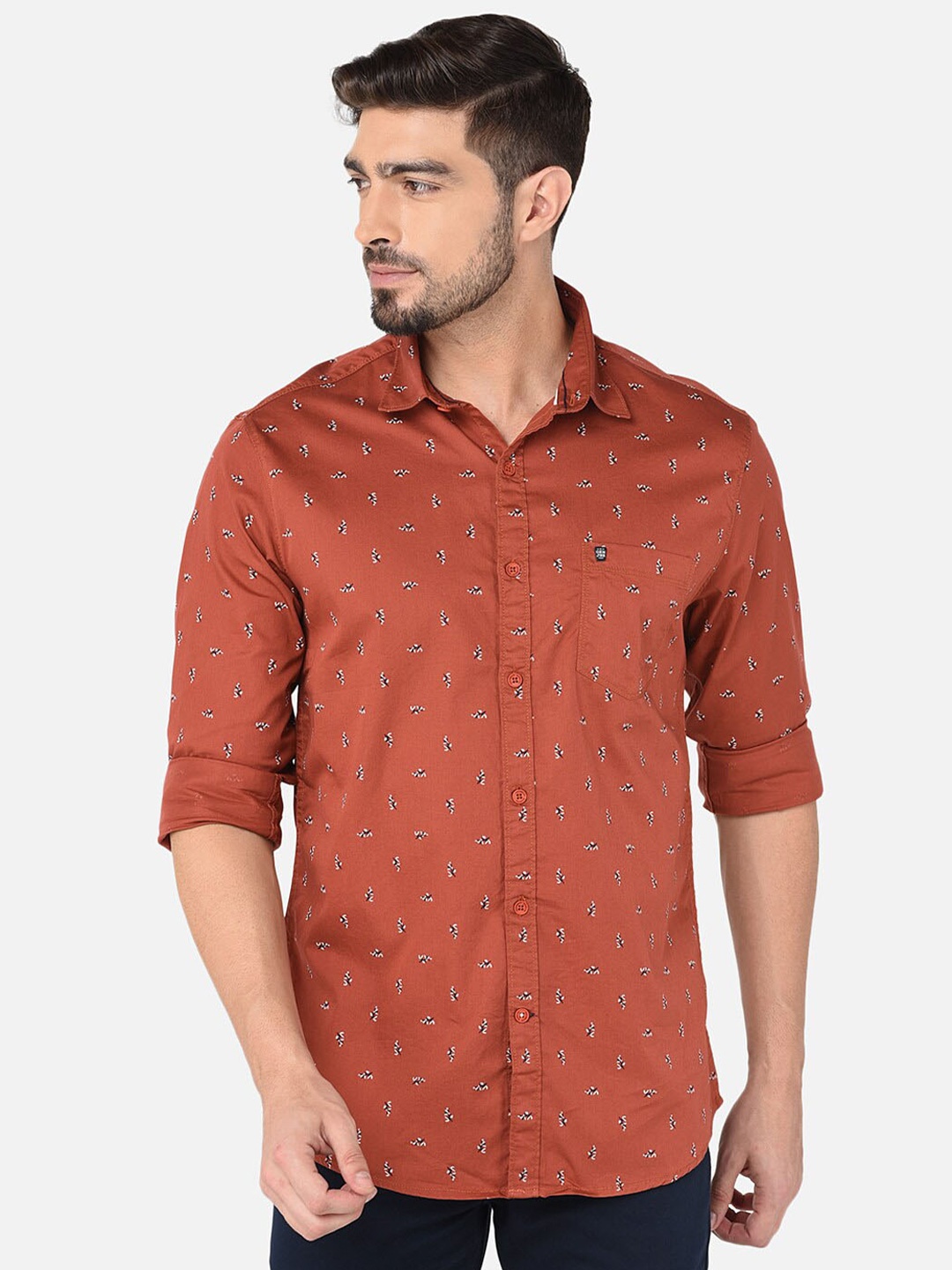 

Oxemberg Men Classic Slim Fit Printed Cotton Casual Shirt, Rust