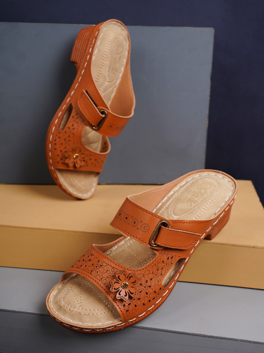 

VEILLE Block Heels with Laser Cuts, Tan