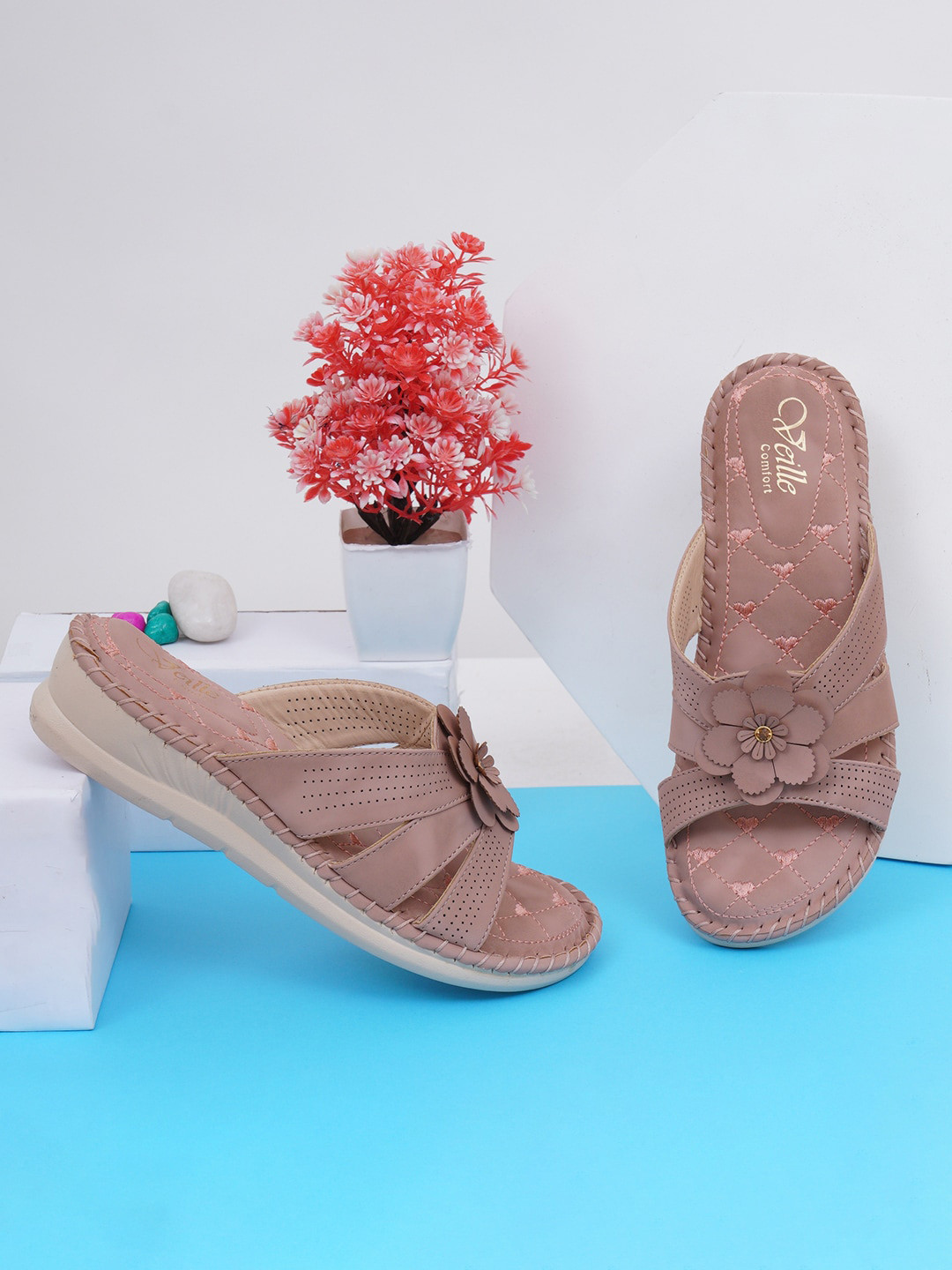 

VEILLE Block Heels with Laser Cuts, Peach