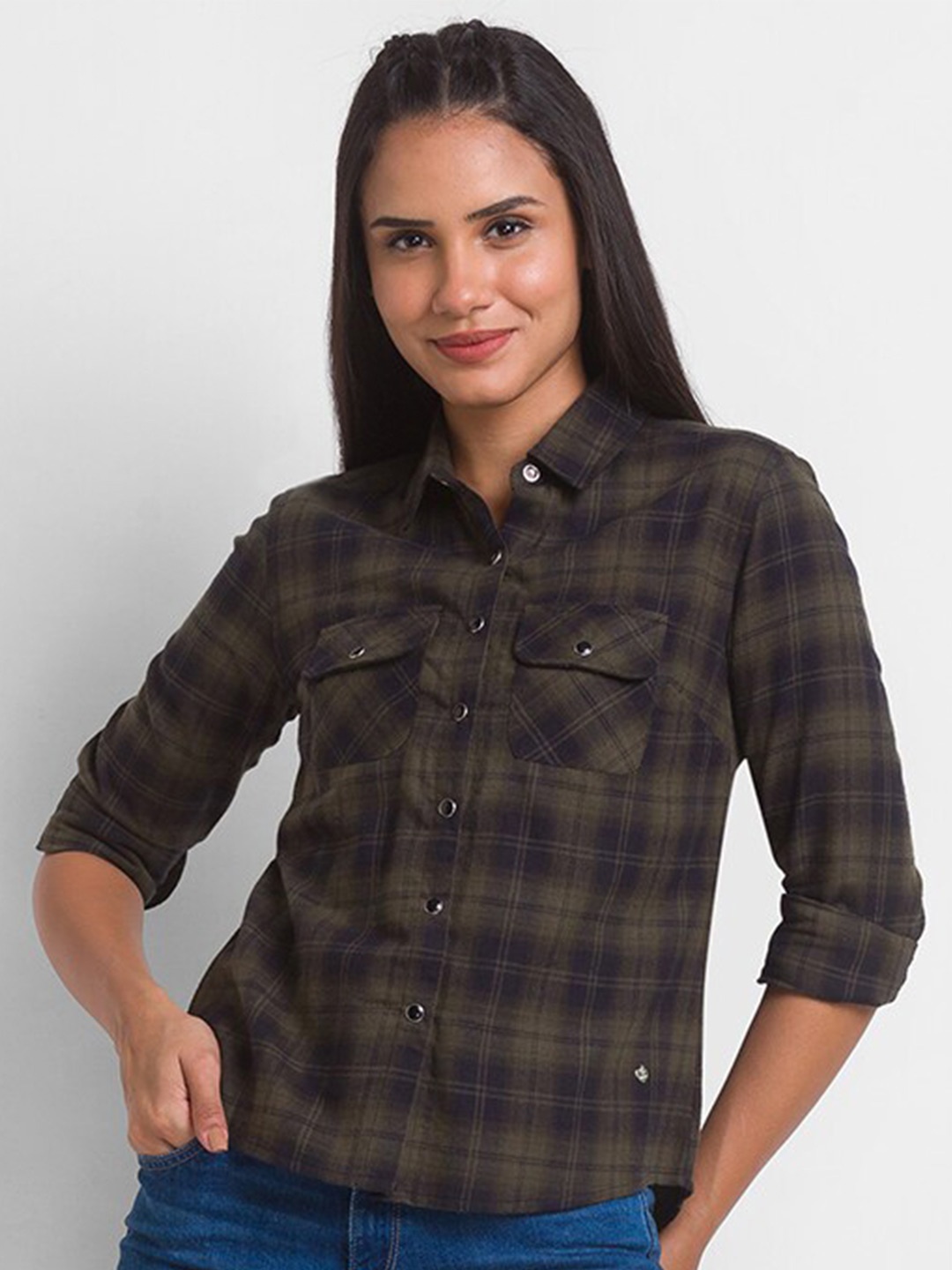 

SPYKAR Women Checked Cotton Casual Shirt, Olive