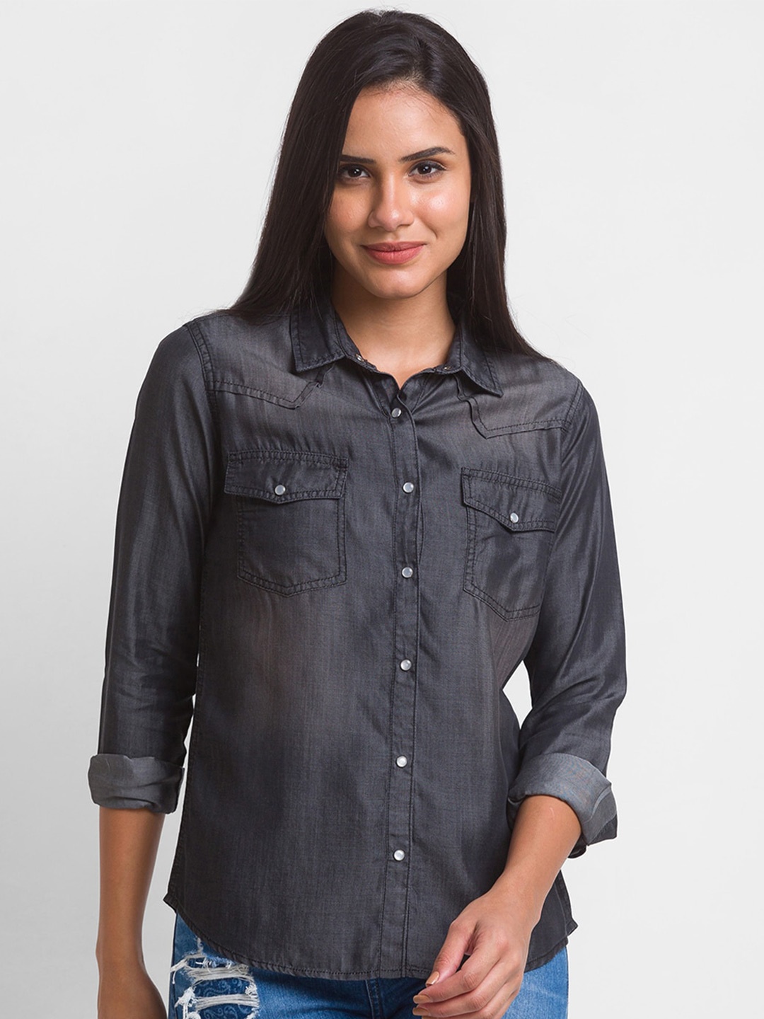 

SPYKAR Women Cotton Casual Shirt, Black