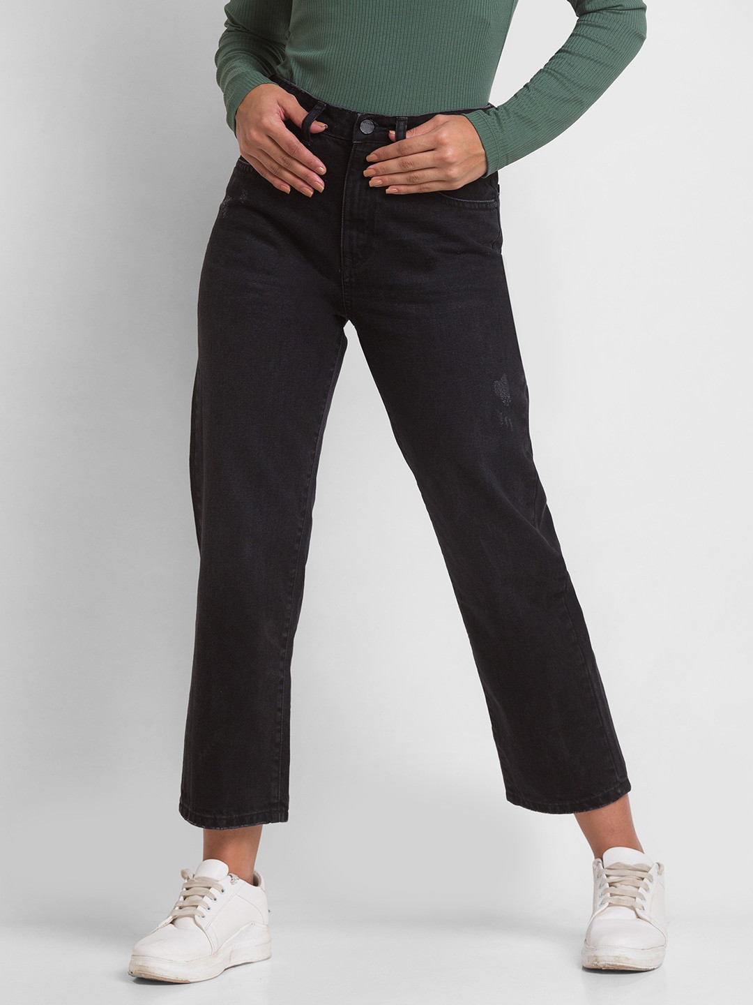 

SPYKAR Women Cotton Straight Fit Low Distress Jeans, Black