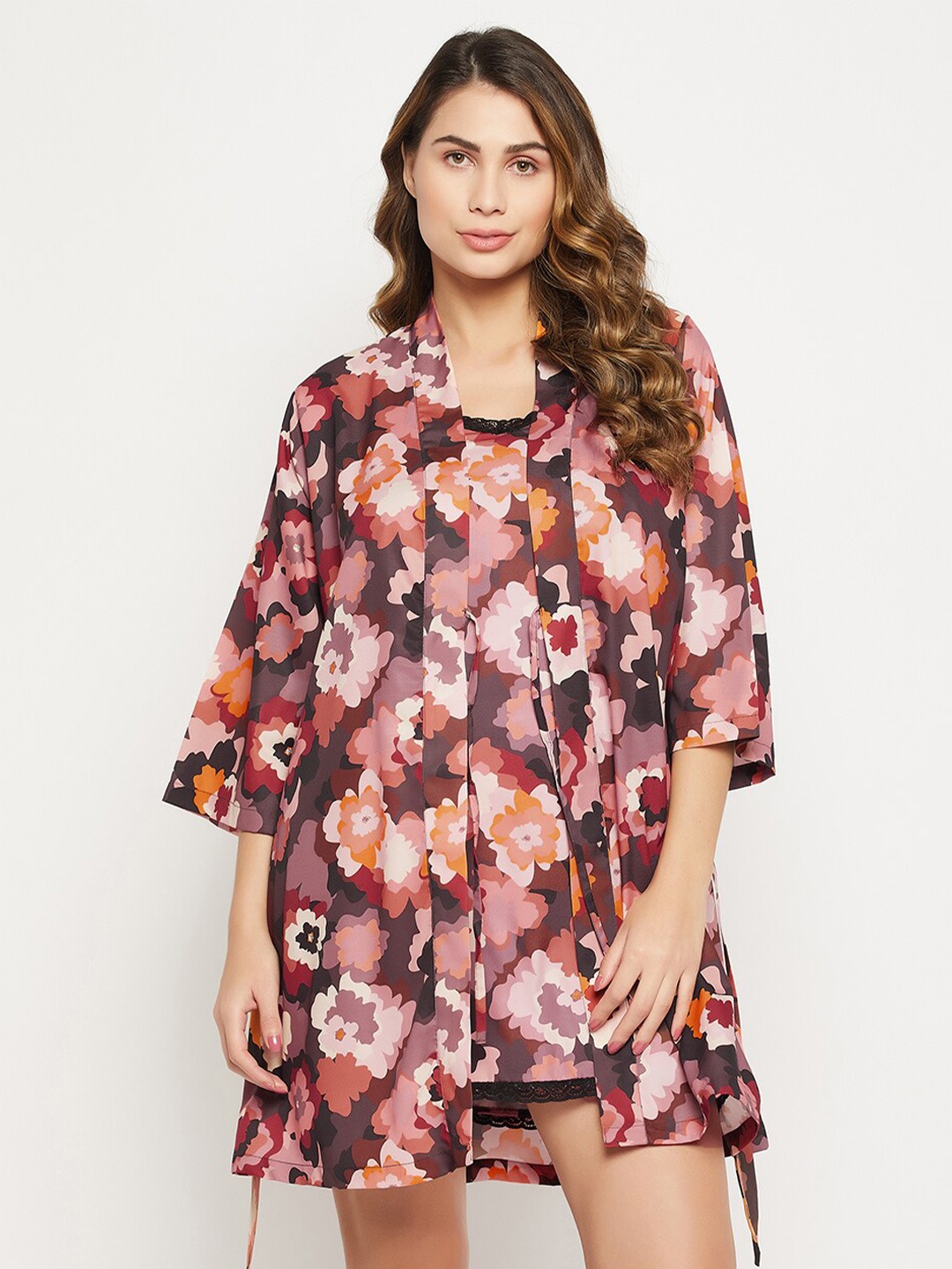 

Clovia Printed Baby Doll & Robe Set, Brown