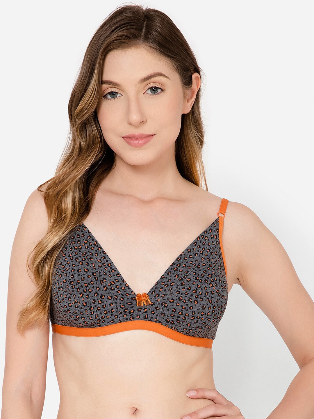 

Clovia Cotton Non-Padded Non-Wired Demi Cup Animal Print Plunge Bra, Grey