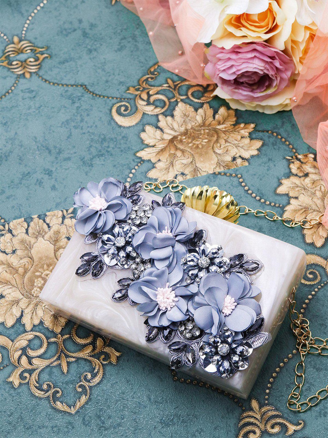 

ODETTE Floral Embellished Box Clutch, Beige