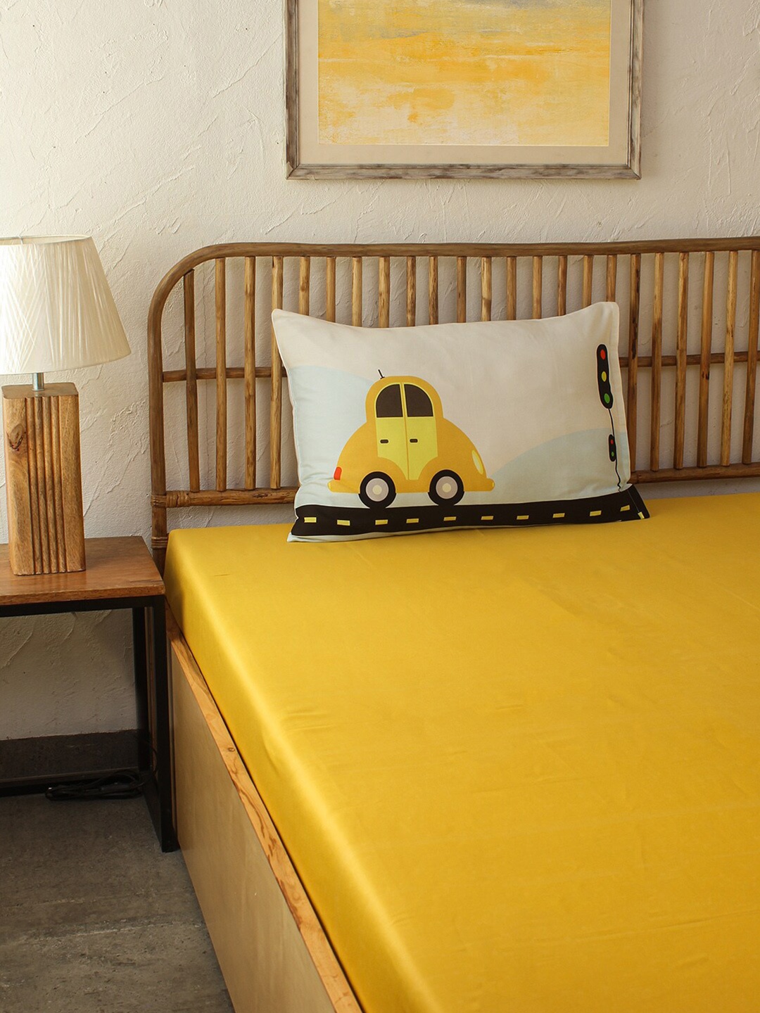 

House This Joy Ride Yellow & White 180 TC Cotton Single Bedsheet with 1 Pillow Covers