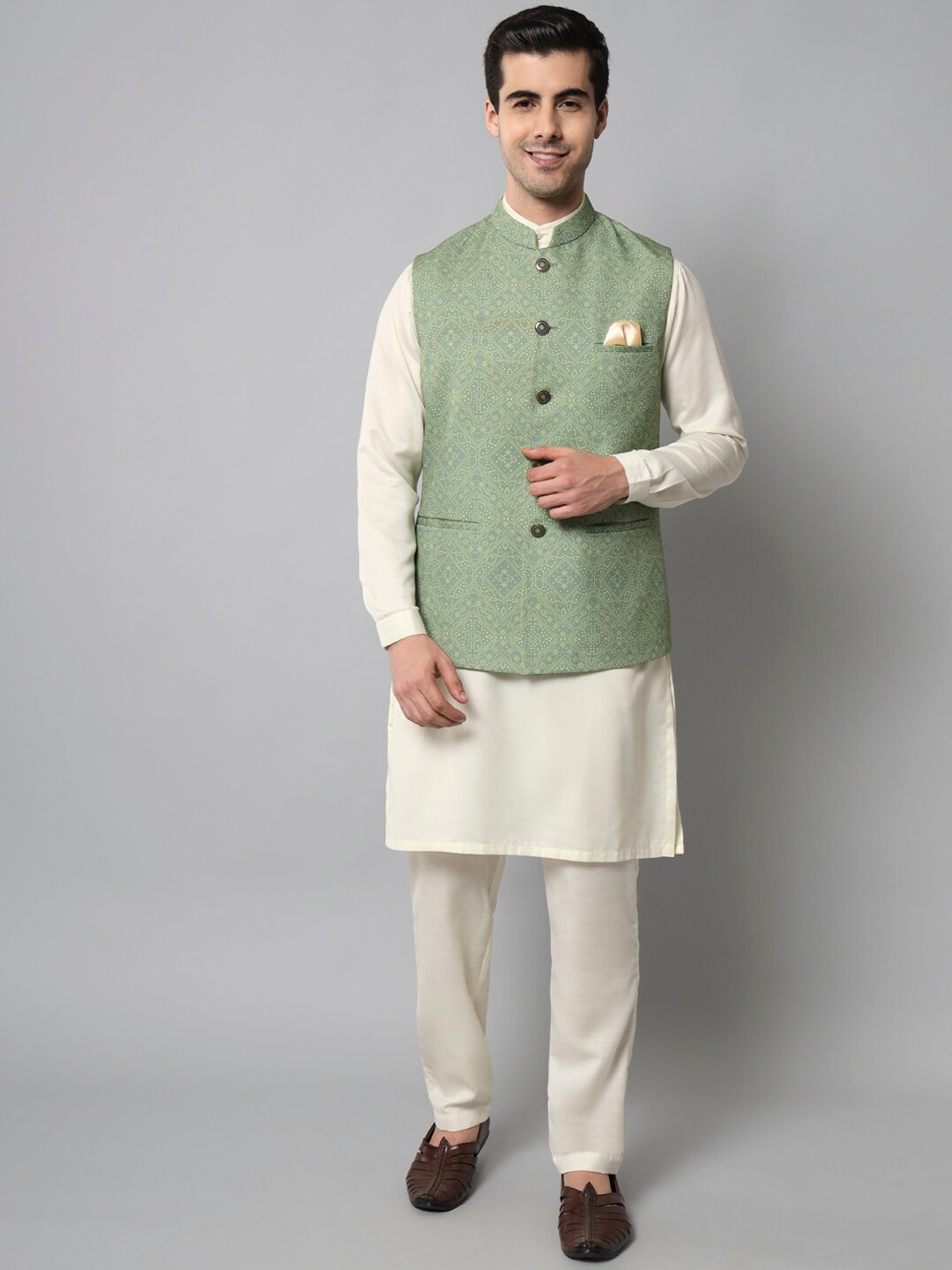 

MAXENCE Men Printed Nehru Jacket, Green