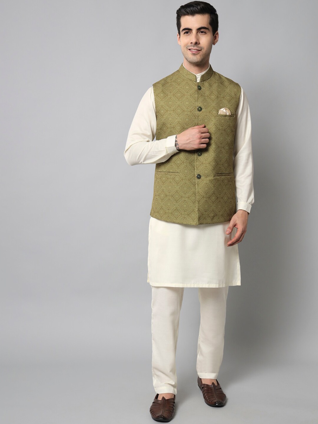 

MAXENCE Men Printed Nehru Jacket, Olive