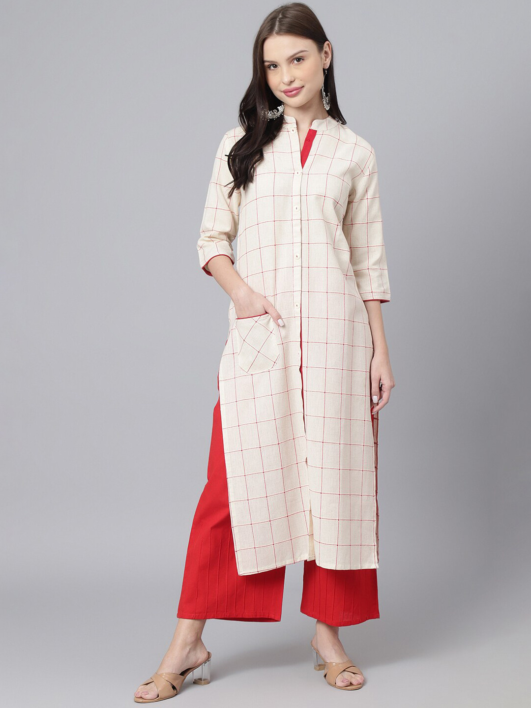 

DECKEDUP Women Checked Gotta Patti Pure Cotton Kurta, Cream