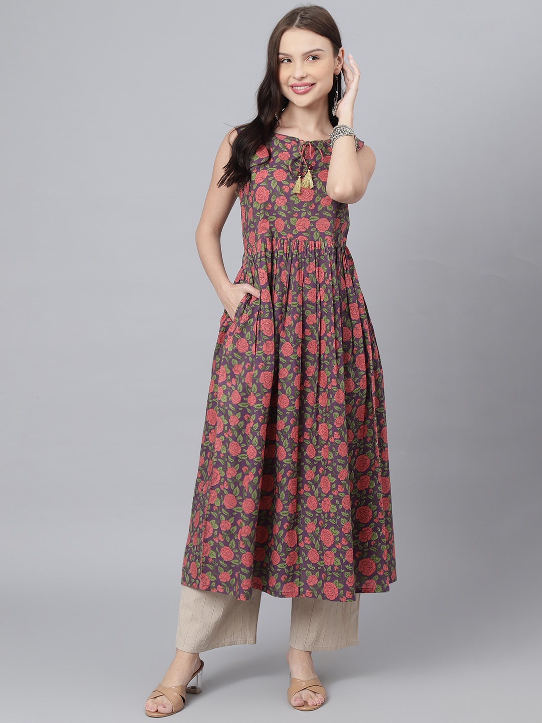 

DECKEDUP Floral Printed Anarkali Cotton Kurta, Purple