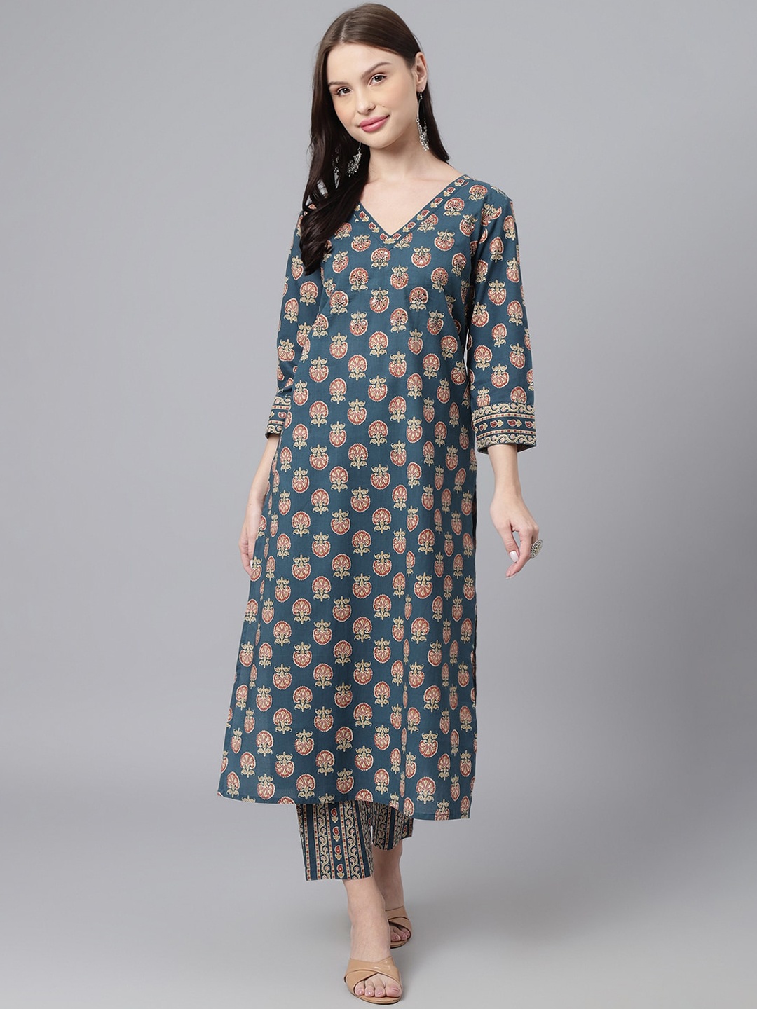 

DECKEDUP Women Ethnic Motifs Printed Cotton Kurta, Blue