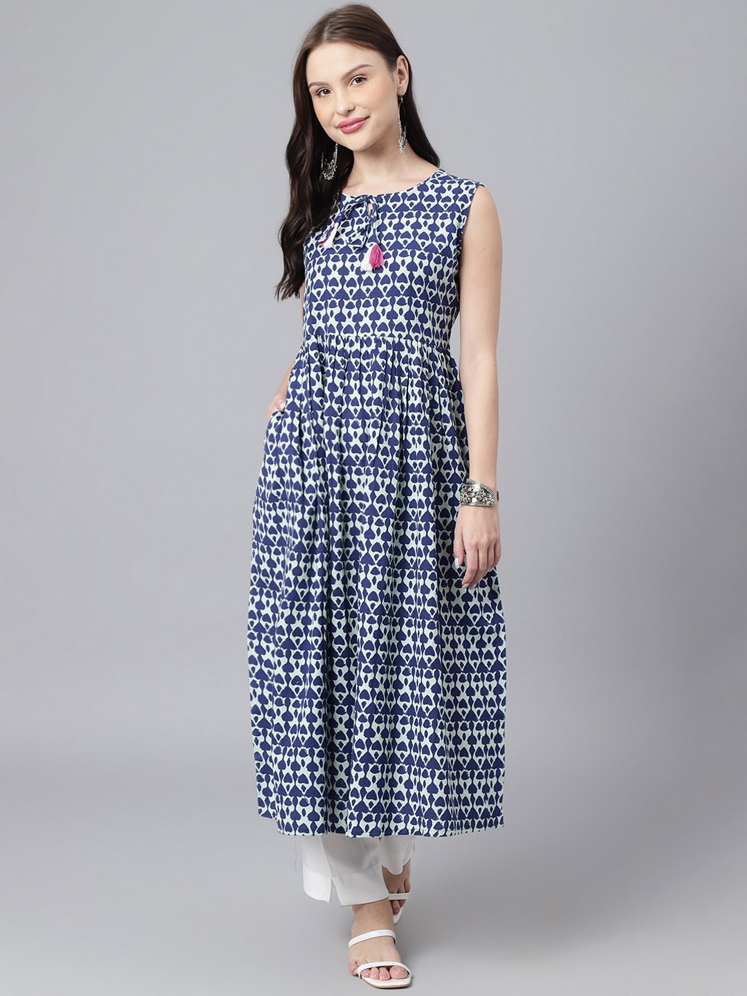 

DECKEDUP Women Ethnic Motifs Printed Anarkali Cotton Kurta, Blue