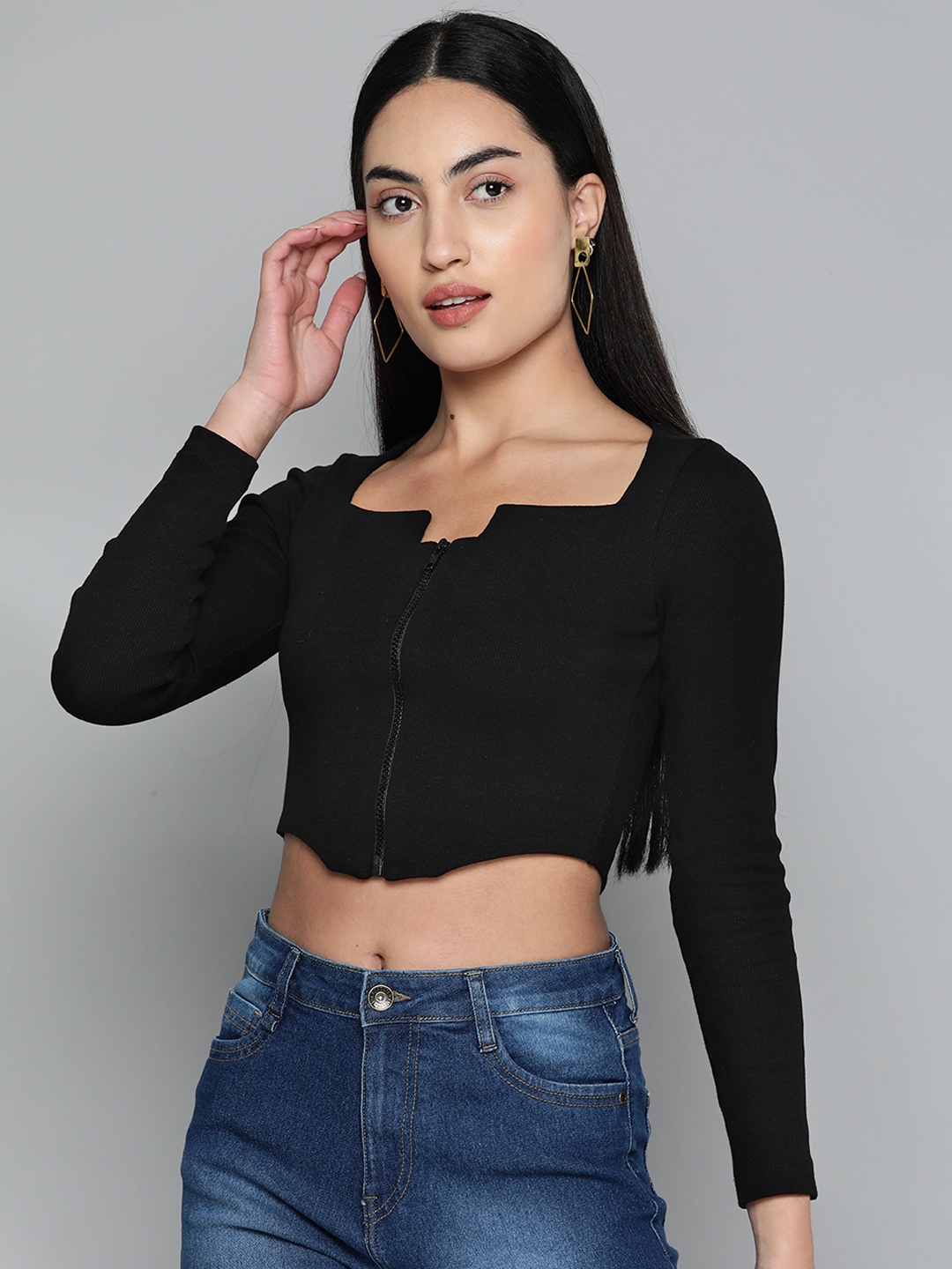 

VividArtsy Ribbed Front-Open Fitted Crop Top, Black