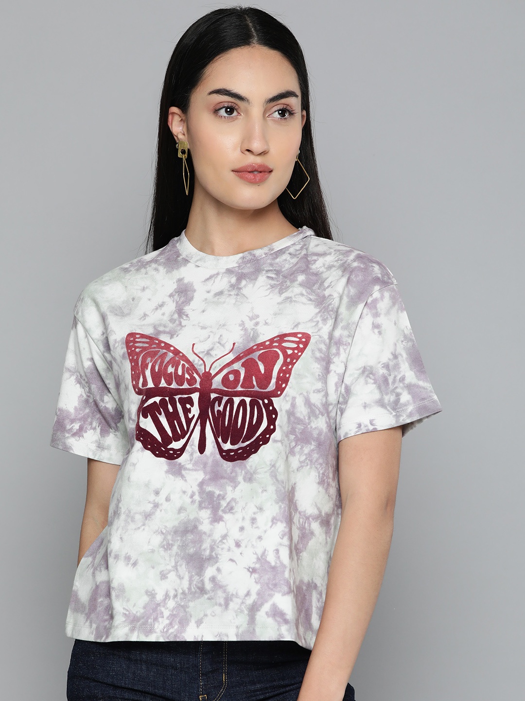 

VividArtsy Tie and Dye & Graphic Print Pure Cotton Loose Fit T-shirt, Lavender