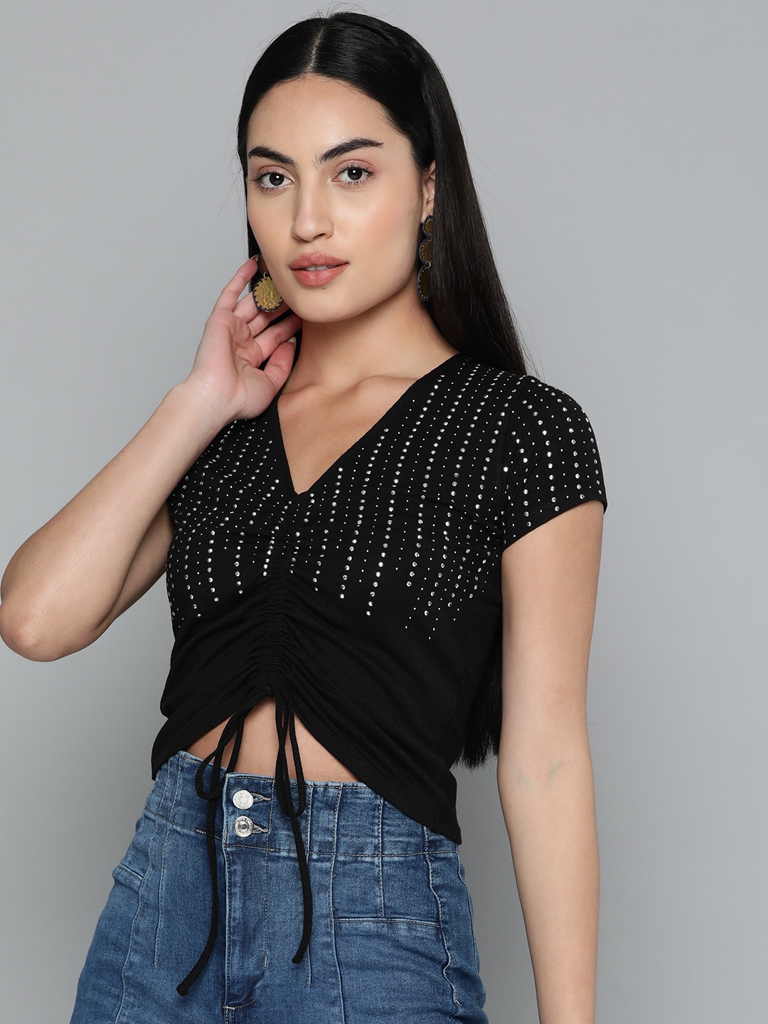 

VividArtsy Embellished Gathered Detail Fitted Crop Top, Black