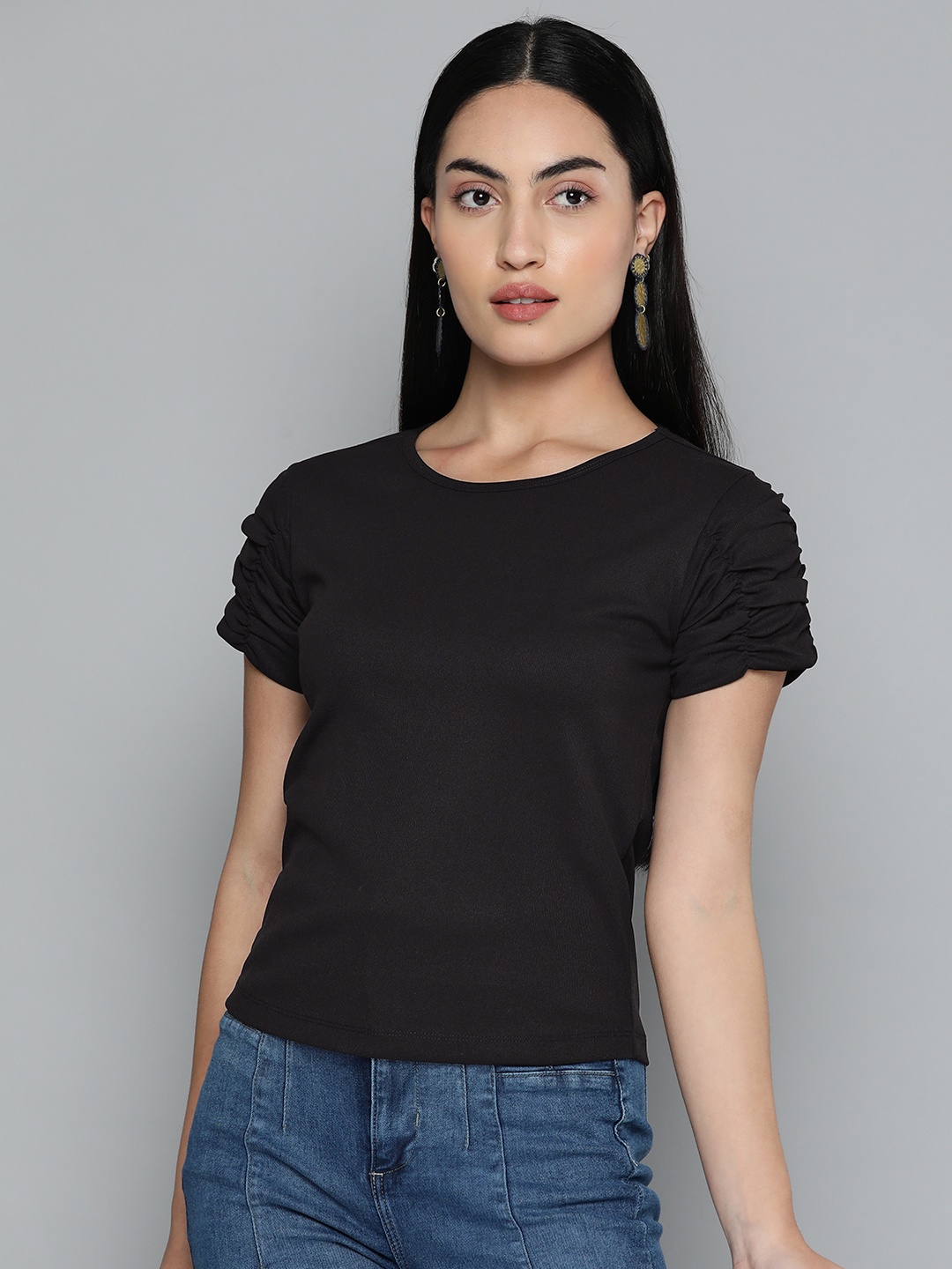 

VividArtsy Gathered Detail Ribbed Fitted Top, Black