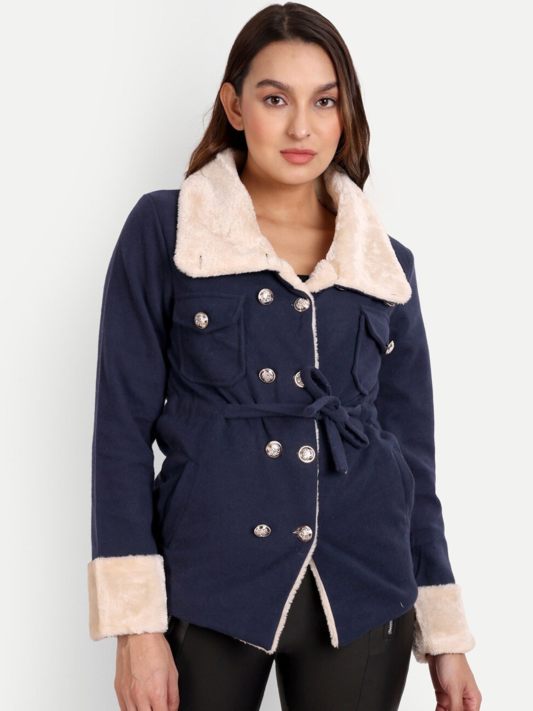 

iki chic Women Insulator Longline Pure Cotton Wool Tailored Jacket, Navy blue