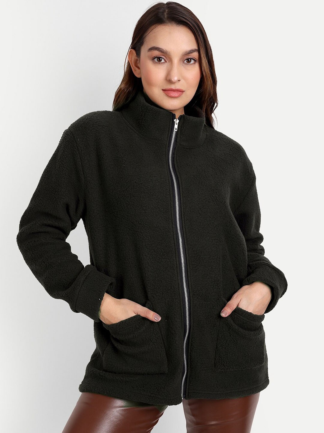 

iki chic Mock Collar Sherpa Front-Open Sweatshirt, Black