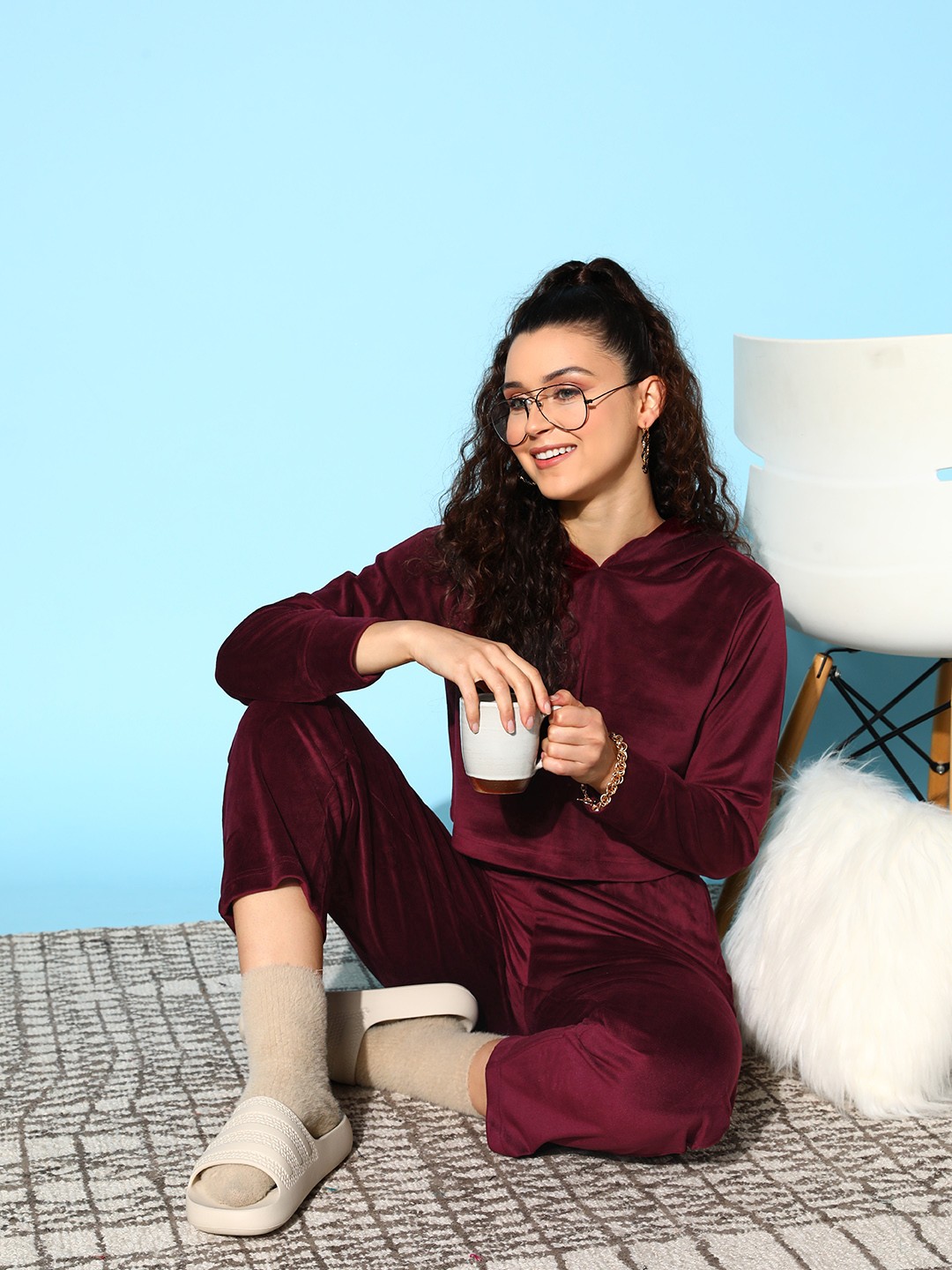 

ETC Women Burgundy Hooded Velvet Night suit