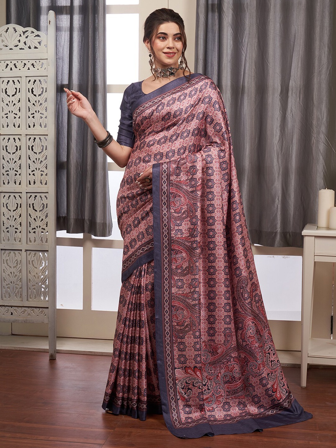 

Saree mall Ethnic Motifs Bagh Pashmina Sarees, Pink