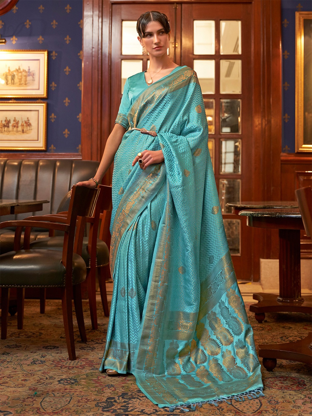 

Saree mall Striped Woven Design Zari Banarasi Traditional Sarees, Turquoise blue