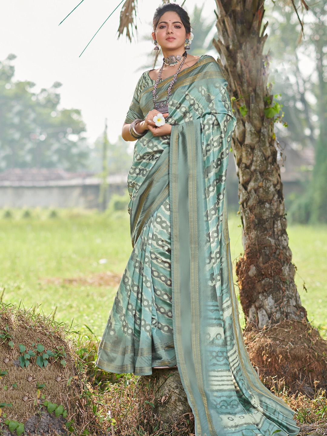 

Saree mall Abstract Printed Block Print Traditional Sarees, Sea green