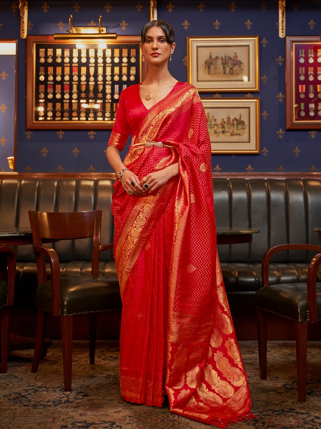 

Saree mall Woven Design Zari Banarasi Traditional Sarees, Red