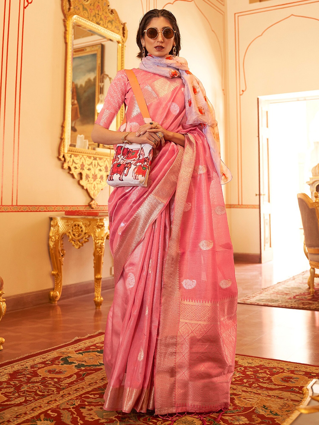 

Saree mall Woven Design Zari Bordered Bagru Sarees, Pink