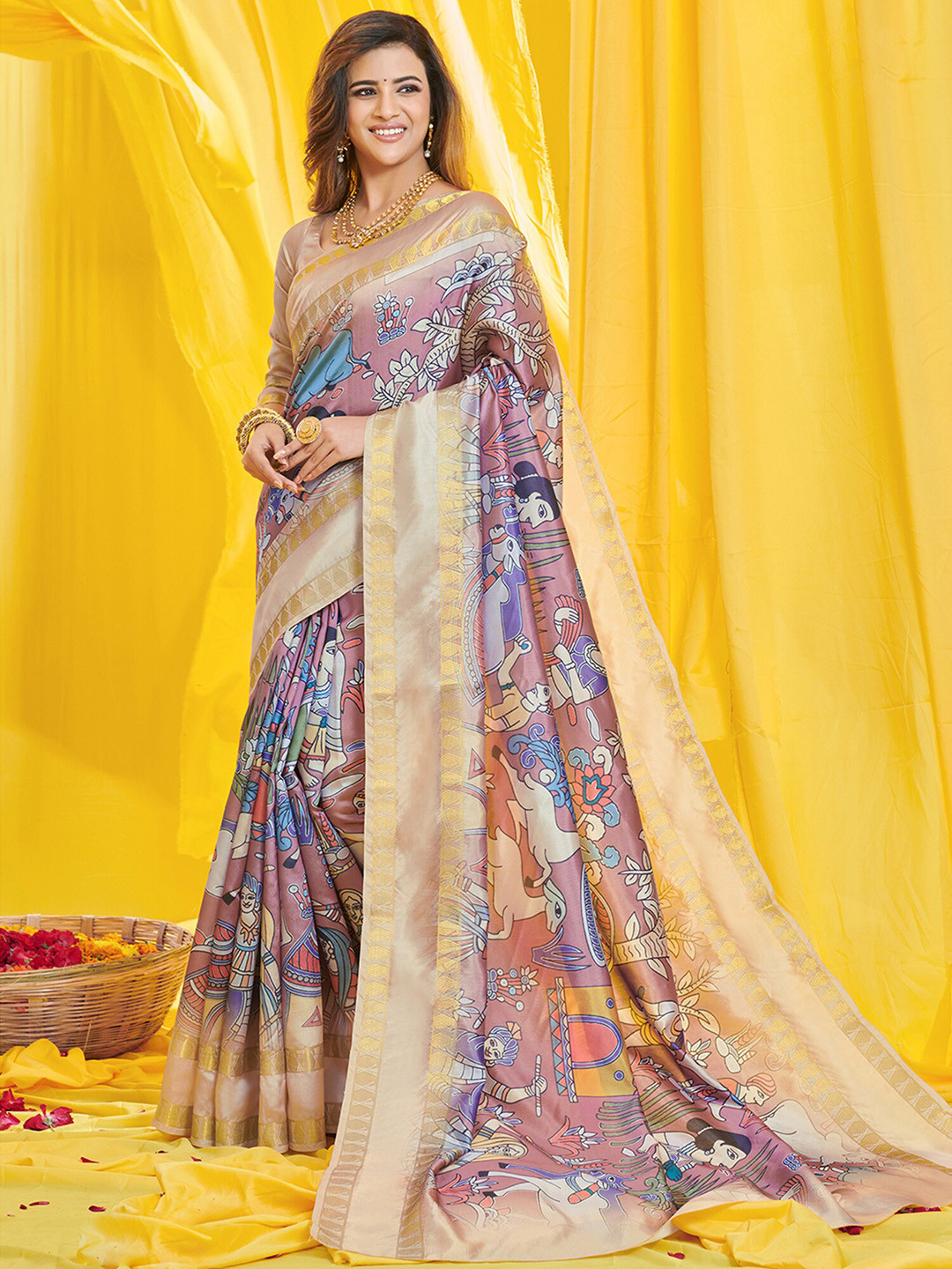 

Saree mall Ethnic Motifs Printed Kasavu Traditional Sarees, Brown
