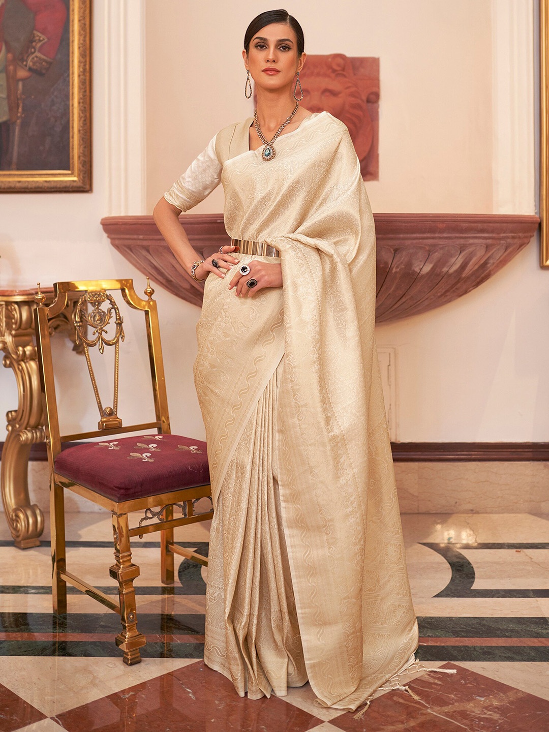 

Saree mall Woven Design Zari Banarasi Traditional Sarees, Cream