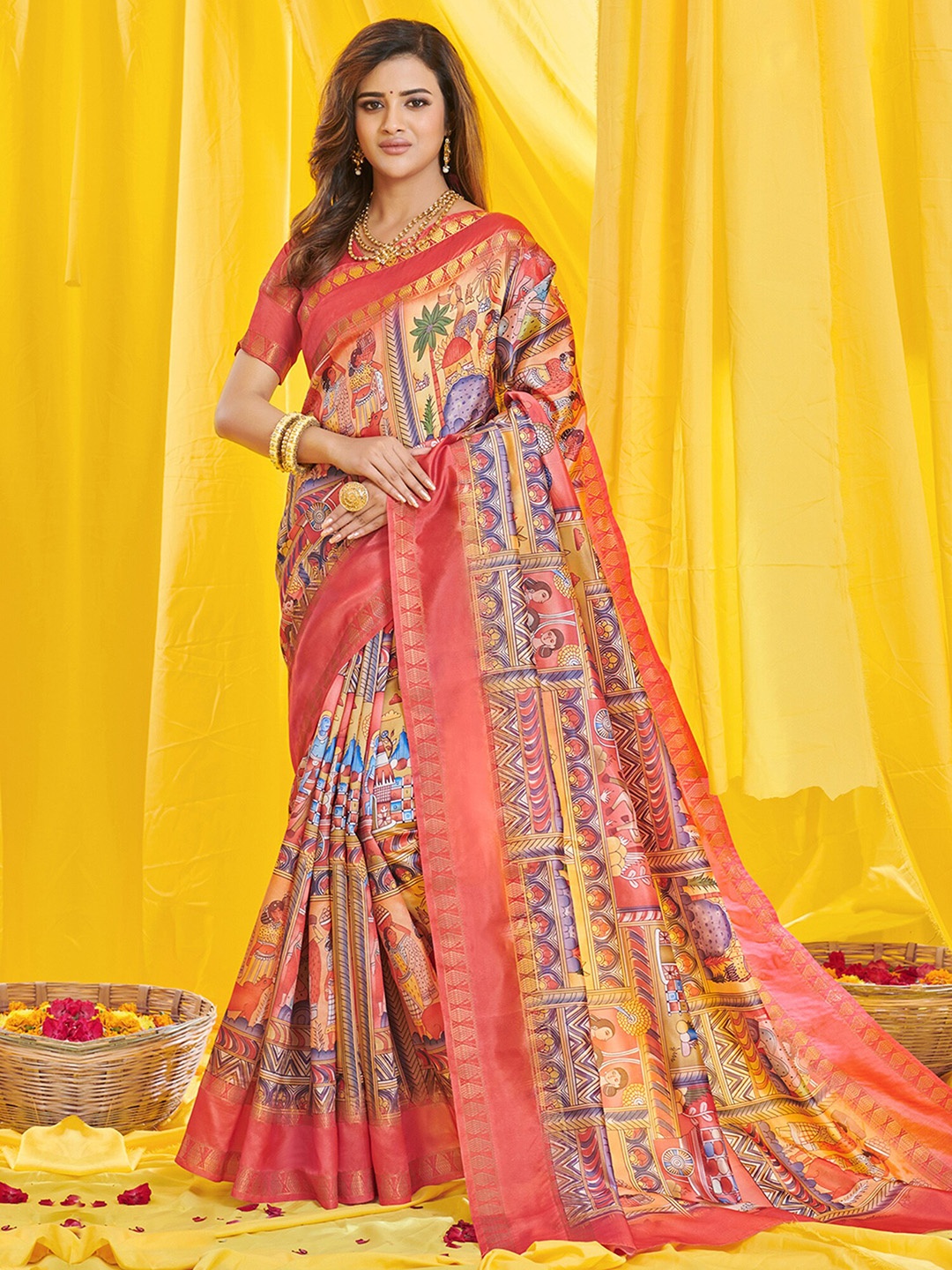 

Saree mall Ethnic Motifs Printed Zari Kasavu Sarees, Pink