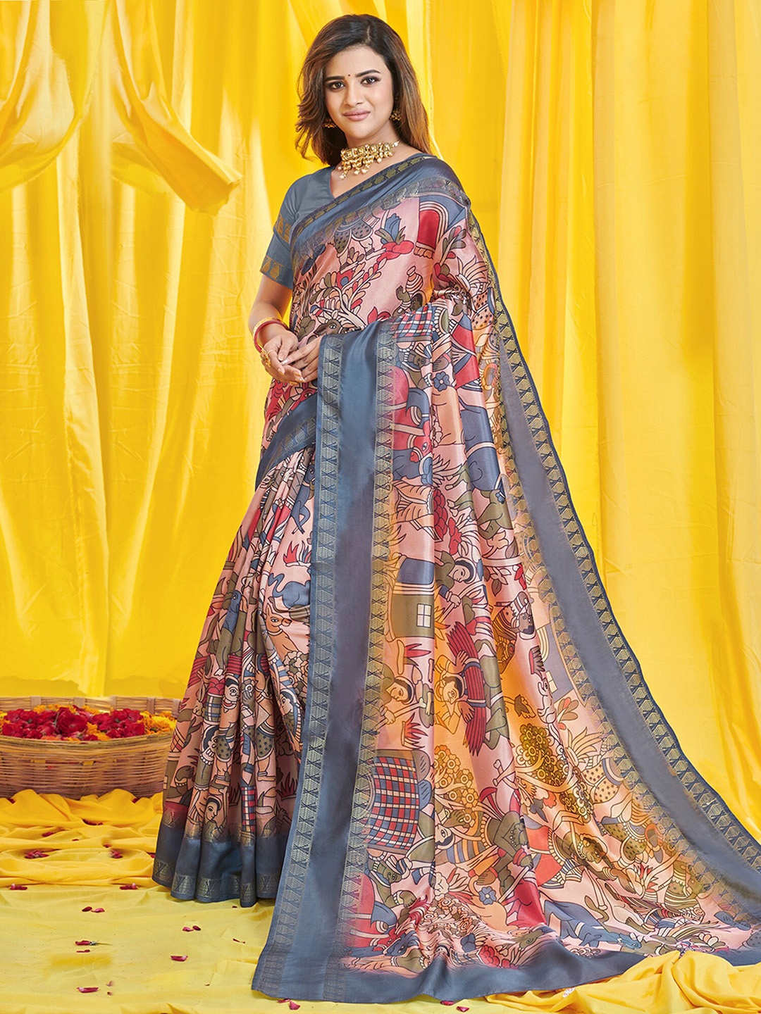

Saree mall Kalamkari Printed Zari Kasavu Traditional Sarees, Grey