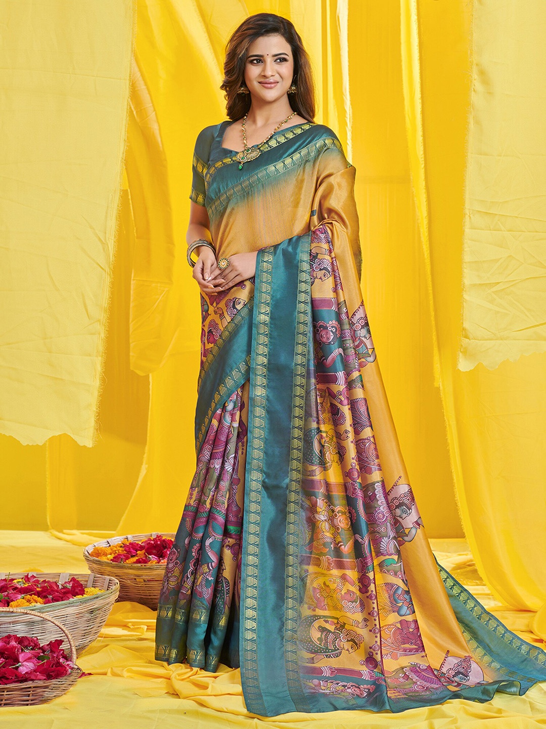

Saree mall Kalamkari Printed Kasavu Sarees, Mustard
