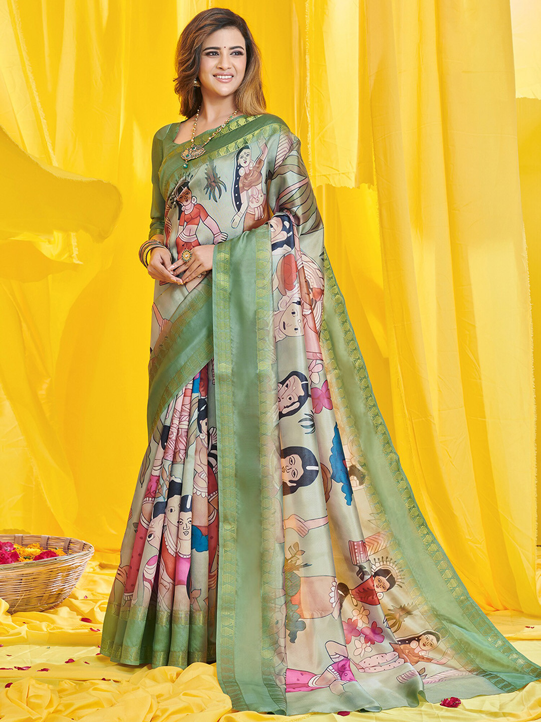

Saree mall Ethnic Motifs Printed Kasavu Traditional Sarees, Green