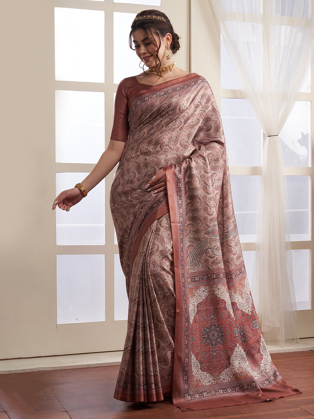 

Saree mall Ethnic Motifs Printed Bagh Traditional Sarees, Beige