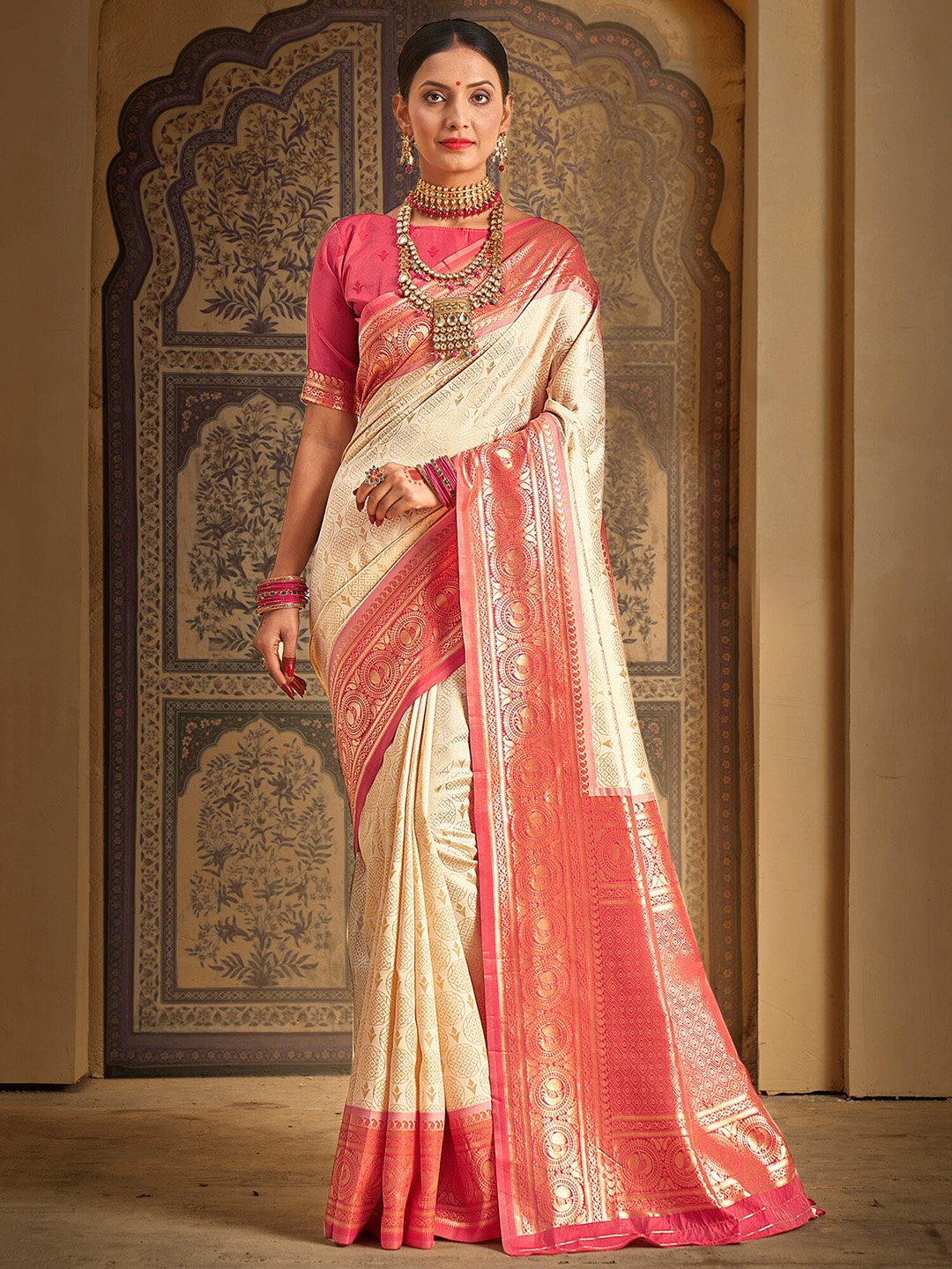 

Saree mall Ethnic Motifs Zari Silk Blend Kanjeevaram Saree, Cream