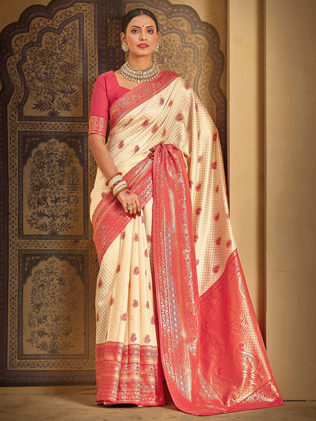 

Saree mall Ethnic Motifs Zari Silk Blend Kanjeevaram Saree, Cream