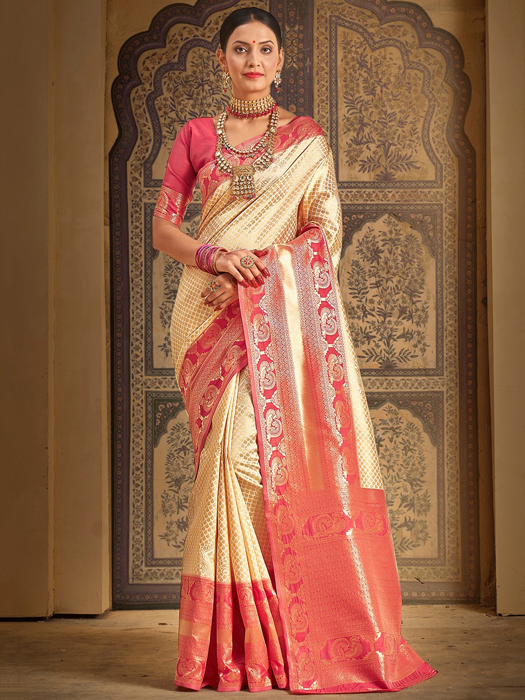 

Saree mall Woven Design Zari Kanjeevaram Sarees, Cream