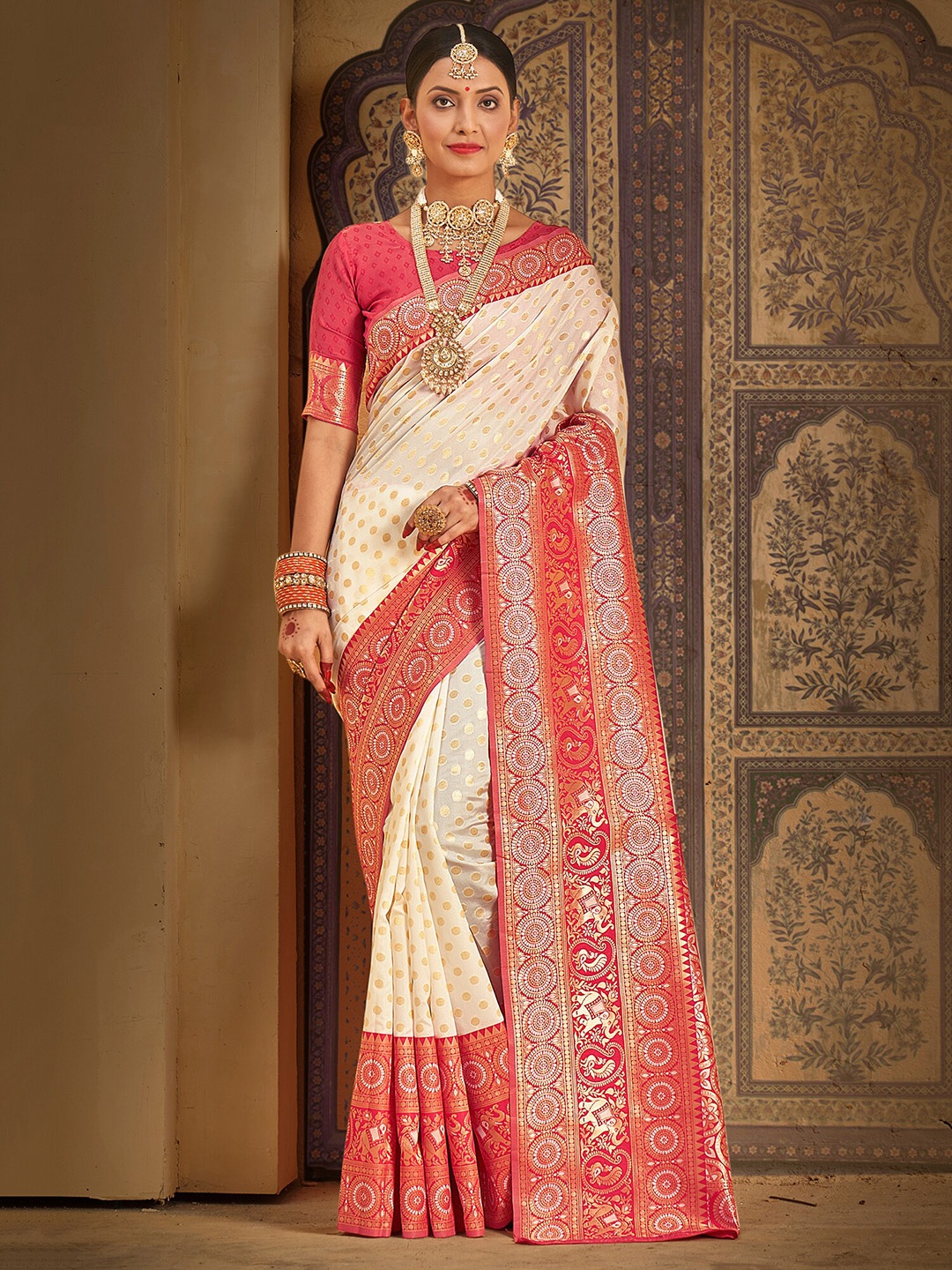 

Saree mall Woven Design Zari Kanjeevaram Sarees, Cream